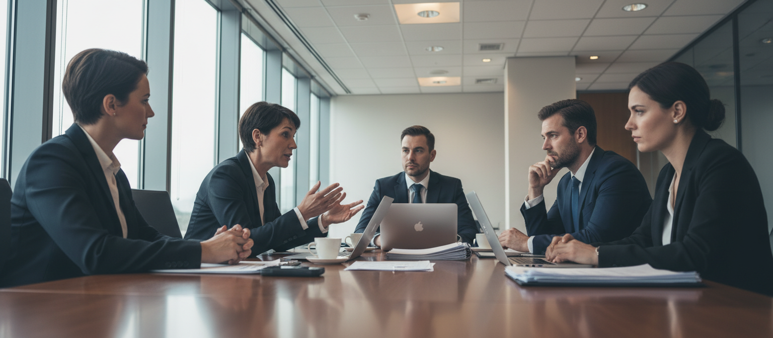 Executives in discussion around a boardroom table during a cyber briefing