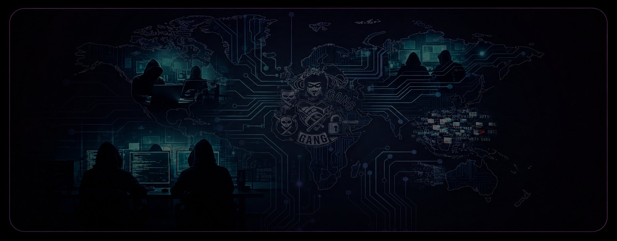 A world map of hooded figures at screens connected by circuit lines