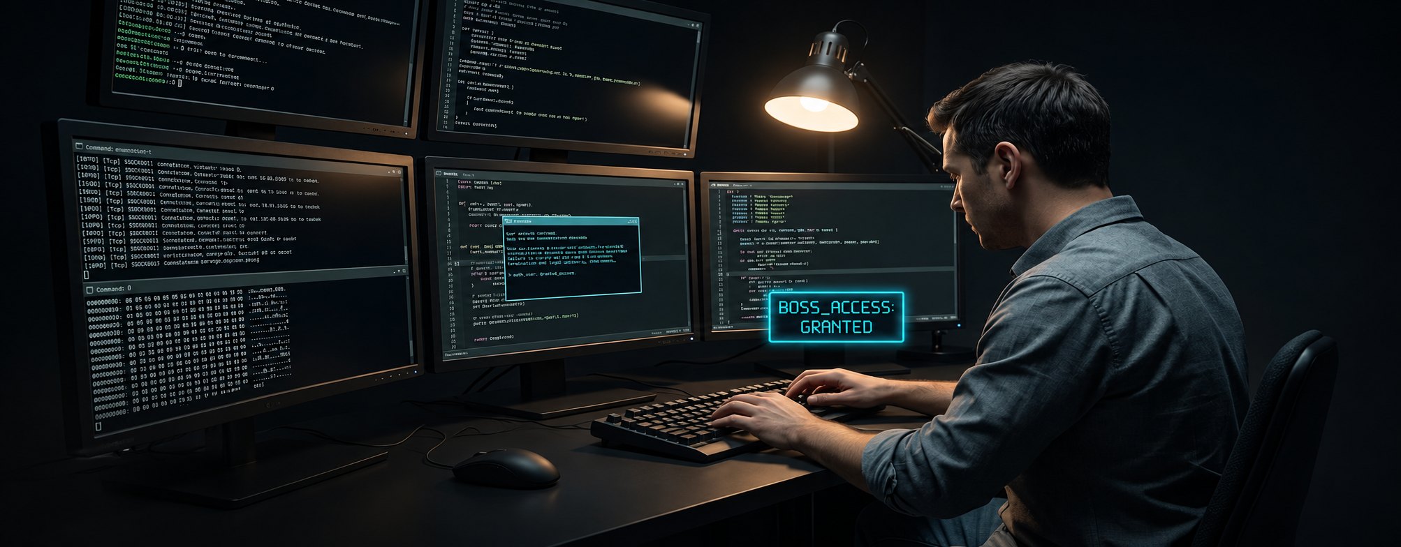 A man at a desk of monitors, one screen reading Boss Access Granted