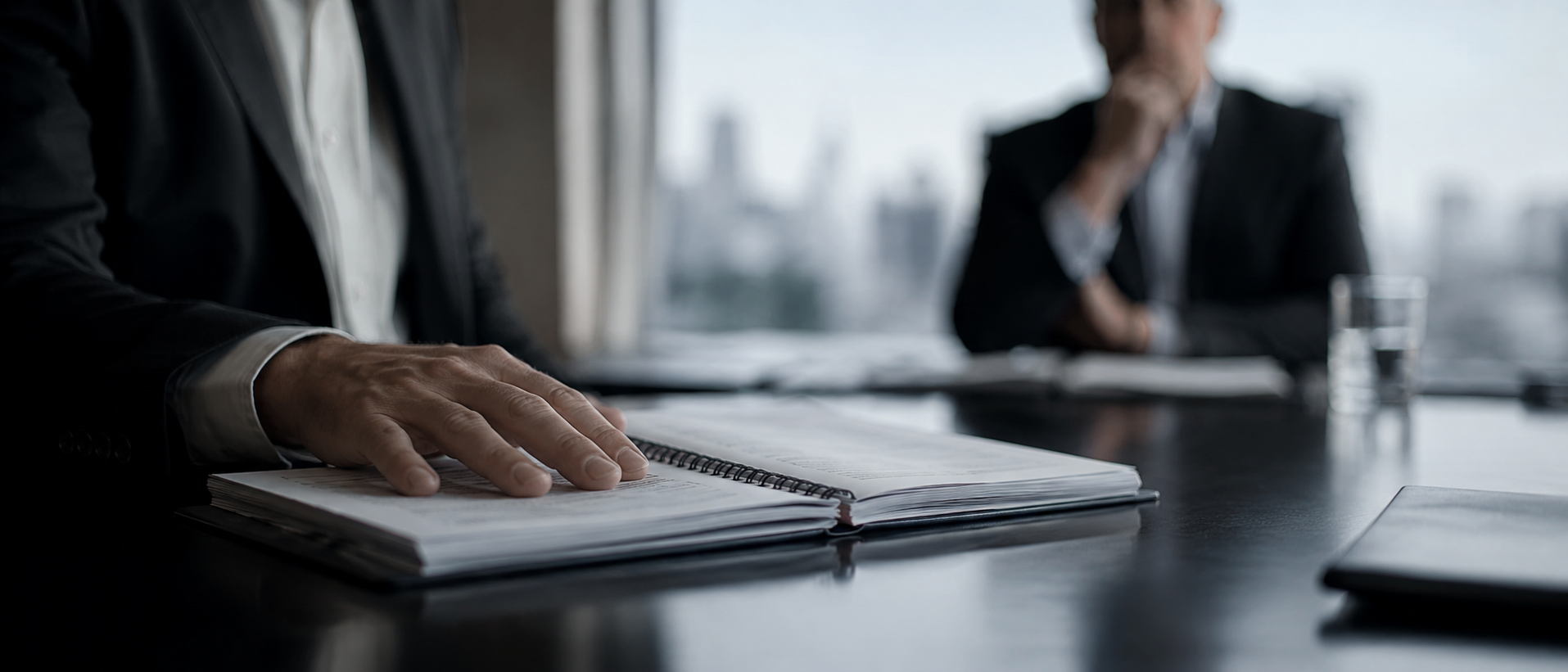 A bound crisis playbook being reviewed on a boardroom table